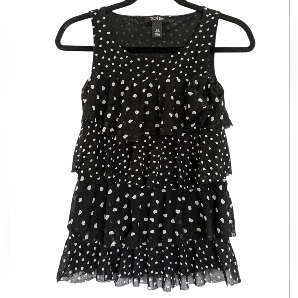 WHBM Black With White Polka Dots and Tiered Ruffles Sleeveless Top Womens XS